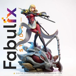 May include: A figurine of a female warrior in a red and white outfit, holding a sword, standing on a stylized insect. The figurine has blonde hair and is in a dynamic pose. The image includes the text "Fabulx Studio" and "DIGITAL DOWNLOAD ONLY - NO PHYSICAL ITEM."