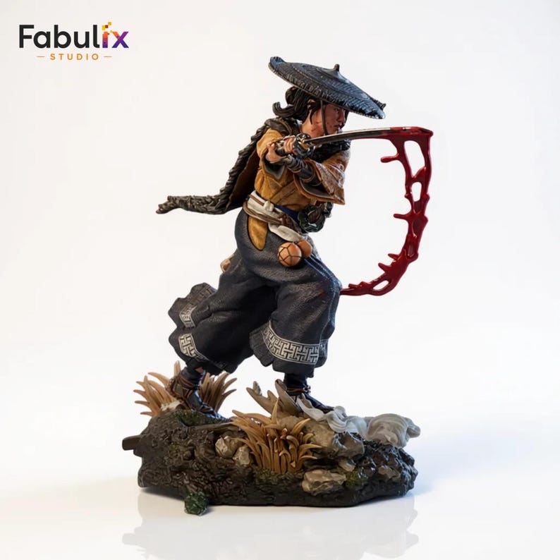 Samurai figure STL with flowing cape and dual swords