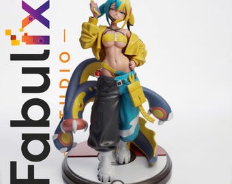 May include: A stylized anime-inspired character figurine featuring blue and yellow hair, a yellow cropped jacket, and a two-toned black and blue pair of pants. The figure stands on a circular base resembling a Poké Ball, with the text FabulFix STUDIO visible.