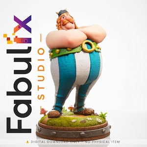Op de afbeelding: Gedetailleerd beeldje van een stripfiguur met een grote buik, rode snor en helm. Het figuur draagt een blauw-wit gestreepte broek, een groene riem en staat op een grasachtige basis met paddenstoelen. Het Fabulix Studio-logo is zichtbaar.