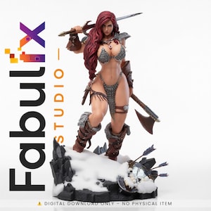 Pode incluir: Figura detalhada de uma mulher guerreira com cabelo ruivo, vestida com armadura e segurando uma espada e um machado. A figura está sobre uma base de neve com um escudo e flechas. O logotipo Fabulix Studio é visível.