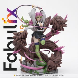 May include: A detailed figurine of a character from the anime series, Demon Slayer. The figure is posed dynamically, wielding a sword and whip, with a complex, textured base. The color palette includes pink, green, brown, and black. The text "Fabrix" is visible.