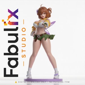Könnte beinhalten: Eine Anime-Sammelfigur mit kurzem braunem Haar, bekleidet mit einem gelb-weißen bauchfreien Oberteil, grünen Shorts mit braunem Gürtel und weißen Turnschuhen. Der Text Fabulix STUDIO ist auf der linken Seite des Bildes zu sehen.