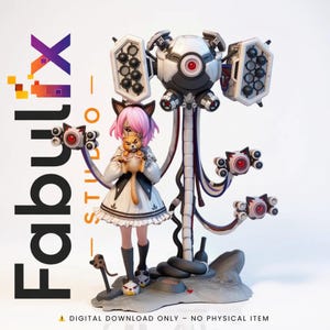May include: A digital art piece featuring a manga-style girl with pink hair and cat ears, holding a plush cat. She stands next to a futuristic robot with multiple red-eyed sensors. The Fabulix Studio logo is visible.