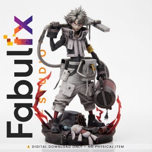 May include: A detailed figurine of a character with spiky gray hair and red eyes, dressed in a futuristic outfit. The figure is holding a tool over its shoulder and a cylindrical object. The base features a small doll and red flame-like accents. The Fabulx Studio logo is visible.