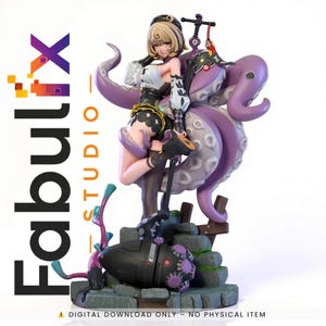 Puede incluir: Figura detallada de un personaje femenino con cabello rubio, vestida con un atuendo blanco y negro, posando con un gran pulpo morado. La figura está sobre una base con un objeto negro y el logotipo de Fabulx Studio es visible.