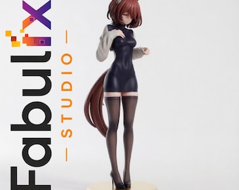 May include: A standing anime-style character figurine with reddish-brown hair, animal ears, and a long tail. The figure wears a black long-sleeved dress with light gray sleeves, sheer black stockings, and black heels on a circular gold base. Text reads Fabulix STUDIO.