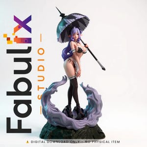May include: A detailed figurine of a female character with purple hair, wearing a black and white outfit, and holding a parasol. The figure stands on a stylized base with a swirling purple design. The Fabulix Studio logo is visible.