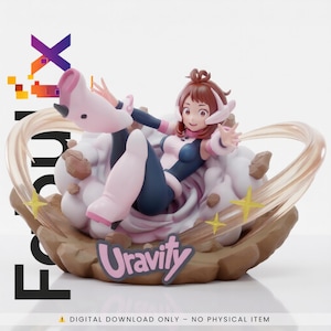 Könnte beinhalten: Eine Figur von Ochaco Uraraka, auch bekannt als Uravity, aus der Anime-Serie My Hero Academia. Die Figur befindet sich in einer dynamischen Pose, umgeben von stilisierten Wolken und Sternen. Die Figur trägt ein rosa-blaues Outfit. Die Basis trägt das Wort "Uravity".