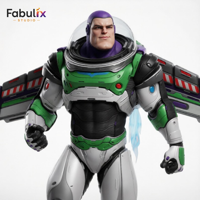 May include: A detailed Buzz Lightyear action figure. The figure is predominantly white, green, and black, with purple accents. It features a clear helmet, jetpack, and a determined facial expression. The Fabulix Studio logo is in the top left corner.