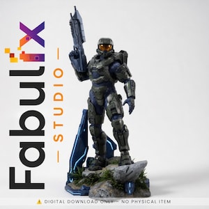 Può includere: Una statuetta dettagliata di un soldato futuristico in armatura verde scuro e blu, che impugna un fucile, in piedi su una base rocciosa con accenti di luce blu. Il testo Fabulix STUDIO e DIGITAL DOWNLOAD ONLY - NO PHYSICAL ITEM è visibile.