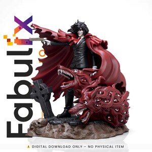 May include: A detailed figurine of a character in a black suit and red cape, holding a gun. The figure stands atop a base with two red, multi-eyed, snarling dog-like creatures. The image includes the text "Fabullx" and "DIGITAL DOWNLOAD ONLY - NO PHYSICAL ITEM".