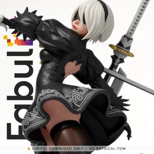 May include: A black figurine of a female character with white hair, a black blindfold, and a black dress. She is holding a silver sword with a gold hilt. The image includes the text "Fabul" and "DIGITAL DOWNLOAD ONLY - NO PHYSICAL ITEM."