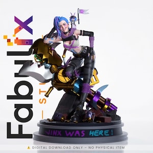 May include: A detailed statue of a character with blue hair, wearing a black and purple outfit, leaning on a gold and silver vehicle. The base reads "Jinx Was Here!" with the Fabrix logo in the background.