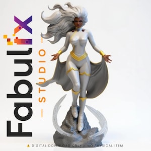 May include: A statue of Storm, a character from the X-Men, in a dynamic pose. She wears a silver and gold costume with a flowing cape and has white hair. The statue is on a rocky base. The image includes the text "Fabulx Studio".