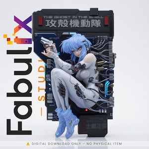 Puede incluir: Una figura coleccionable de un personaje de pelo azul de The Ghost in the Shell, sosteniendo una pistola. La figura está montada sobre una placa trasera mecánica oscura con cableado intrincado, luces azules y el texto The Ghost in the Shell.