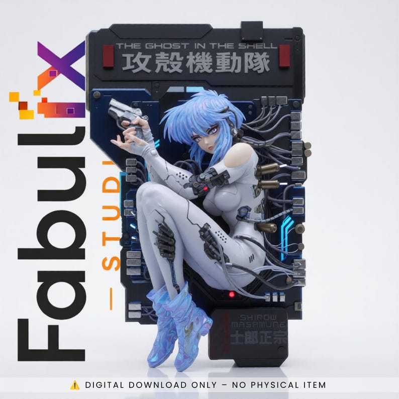 Front view of Motoko Kusanagi from Ghost In The Shell rendered as detailed cyberpunk resin STL figure featuring advanced cybernetic body design and futuristic technology elements