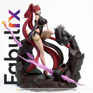 May include: A detailed figurine of a female character with long red hair, wearing a black outfit with gold accents, and high heels. The figure is posed on a rocky base with a black and red mechanical element and a purple weapon. The text "Fabrix" is visible.