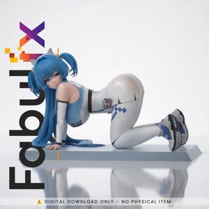 Könnte beinhalten: Eine digitale 3D-Charakterfigur mit langem blauem Haar in Zöpfen, die einen weiß-blauen Body mit einer kleinen Grafik an der Hüfte trägt. Die Figur ist auf allen Vieren auf einem rechteckigen Sockel positioniert. Der Text Fabulix ist links zu sehen.