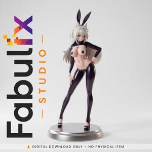 Op de afbeelding: Een verzamelbaar anime-figuurtje van een personage met lang wit haar en zwarte konijnenoren, gekleed in een donkerpaarse bodysuit en hoge hakken. De tekst Fabulix STUDIO staat links en DIGITAL DOWNLOAD ONLY - NO PHYSICAL ITEM staat onderaan.
