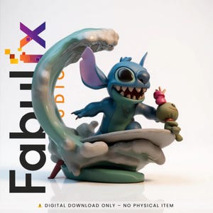 May include: A blue Stitch figurine surfing a wave, holding a small green doll. The figurine has large eyes and a wide grin. The wave is a mix of blue, white, and green. The Fabulx logo is in the upper left corner. Text at the bottom reads: DIGITAL DOWNLOAD ONLY - NO PHYSICAL ITEM.