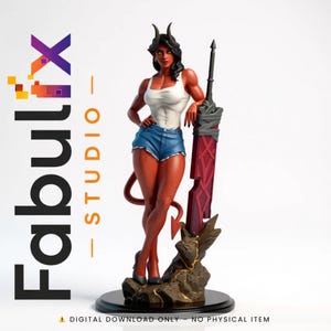 May include: A red-skinned figurine of a female demon with horns, wearing a white tank top and denim shorts, leaning on a large red sword. The base is black with gold accents. The Fabulix Studio logo is visible.