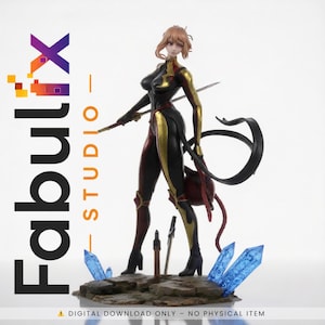 Puede incluir: Figura detallada de un personaje femenino con un atuendo negro, rojo y dorado, sosteniendo una espada y un látigo. La figura se encuentra sobre una base rocosa con detalles de cristal azul. El logotipo de Fabulx Studio es visible.