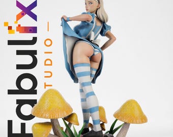 May include: A figurine of a character in a blue dress with white and blue striped socks and a black bow. The figurine is standing on a base with mushrooms and the text "Fabulx Studio".