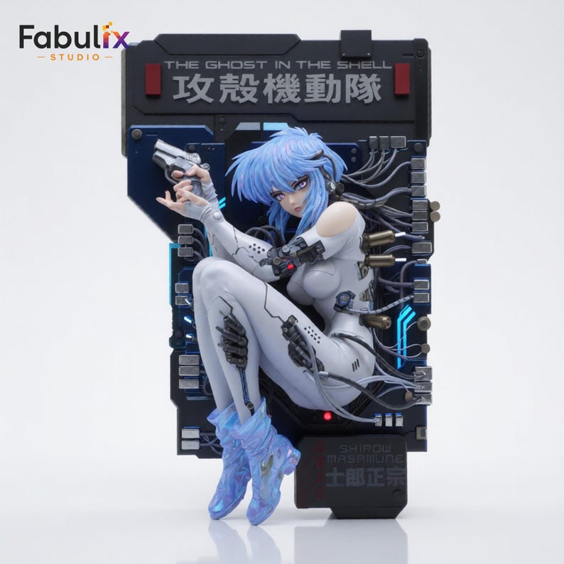 Wall display version of Motoko Kusanagi resin statue showcasing mechanical cables, cybernetic body details, and anime-inspired styling.