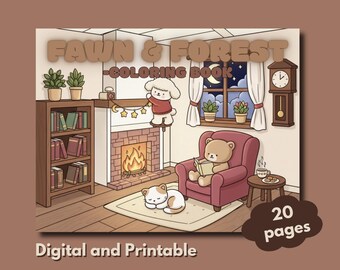 Könnte beinhalten: Ein digitales und druckbares Malbuch mit dem Titel "Fawn & Forest" mit 20 Seiten. Das Bild zeigt eine gemütliche Raumszene mit Kamin, Bücherregal und einem Teddybären, der in einem roten Sessel liest. Eine Katze schläft auf einem Teppich.
