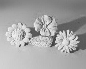 Hand caved bisque Stamps, flower leaf stamp- pattern textural tool -Pottery Supplies, Clay Stamps ( 3 ) flower.(1) leaf stamps   - #  101