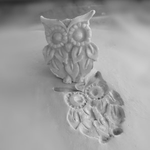 May include: Two white owl figurines, one standing and one pressed into a surface. The owls have detailed feather and eye designs. The image is in black and white.