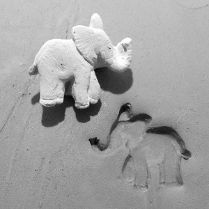 May include: A white, three-dimensional elephant figurine and an elephant impression on a gray surface. The figurine is detailed with visible ears, trunk, and legs. The impression shows a similar elephant shape, creating a contrast in texture and form.