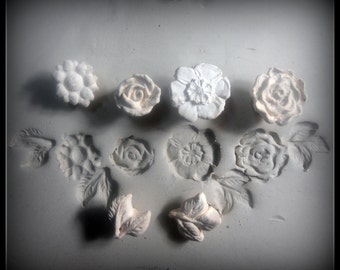 Hand caved Stamps, Pottery Supplies, Clay Stamps ( 4 ) flower.(2) leaf patterned bisque stamps ( 171 )