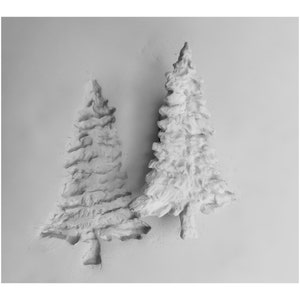 Può includere: Due sculture bianche e strutturate a forma di albero di Natale su sfondo bianco. Gli alberi hanno un aspetto ruvido e scolpito, con dettagli visibili nei rami e nei tronchi. L'immagine è in bianco e nero.