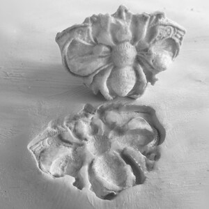 May include: A white plaster mold of a stylized flower with a raised center. The mold is shown next to a matching impression in the plaster.