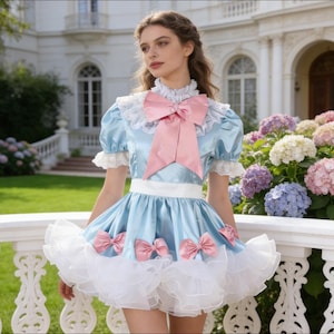 Girl Satin Lockable Sissy Maid Bow Dress Coaplsy Costume Clothes Any Size