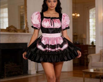 Vestido de sirvienta francesa de satén con borde de volantes y cerradura, disfraz de cosplay para fiesta de Halloween, personalizable