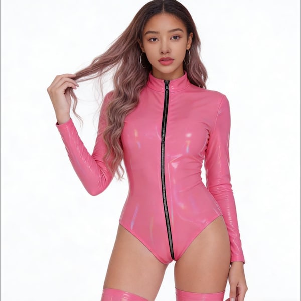 Pink Shiny Jumpsuit: Women's Long Sleeve Bodysuit, Stage Outfit