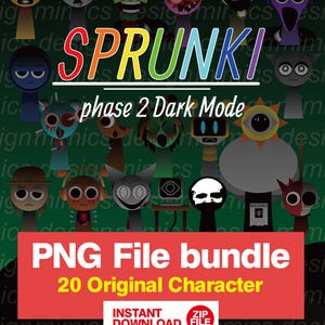 May include: A digital art graphic featuring the word "SPRUNKI" in colorful letters, with the text "phase 2 Dark Mode" below. The image showcases 20 original character designs and includes the text "PNG File bundle".