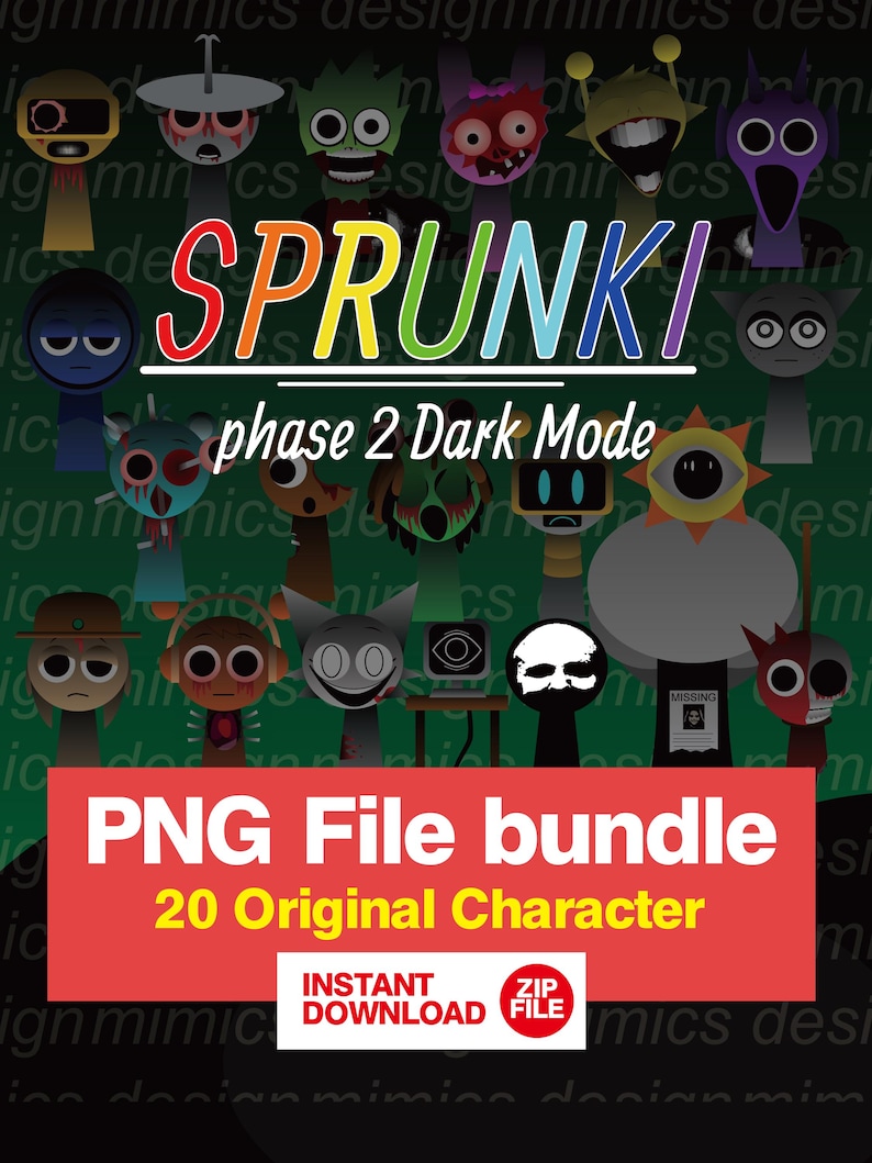 May include: A digital art graphic featuring the word "SPRUNKI" in colorful letters, with the text "phase 2 Dark Mode" below. The image showcases 20 original character designs and includes the text "PNG File bundle".
