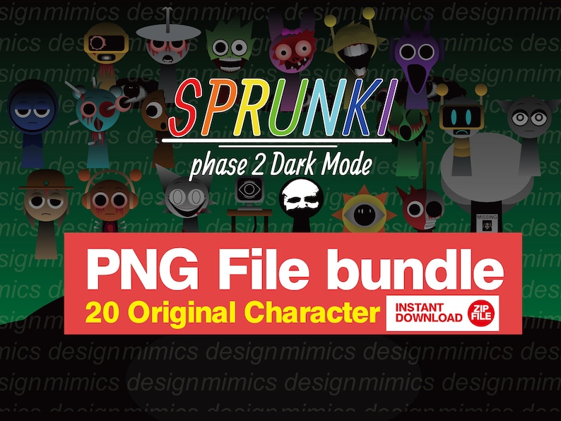 May include: A digital art graphic featuring the word "SPRUNKI" in colorful text above a collection of 20 original character designs. The image includes the text "PNG File bundle" and "phase 2 Dark Mode".