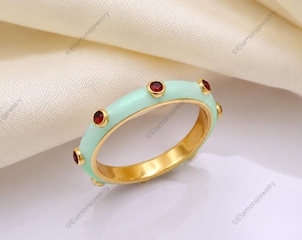 Anillo de esmalte menta, anillo minimalista de oro, anillo apilable de plata de ley 925, bonito regalo de joyería menta para ella.