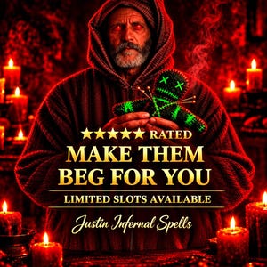 May include: A person in a hooded robe holds a small black voodoo doll with green stitching and pins. The text reads: 5-STAR RATED, MAKE THEM BEG FOR YOU, LIMITED SLOTS AVAILABLE, Justin Infernal Spells. The scene is lit by multiple red candles.