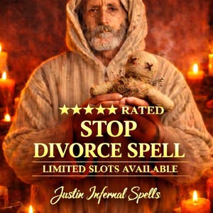 Op de afbeelding: Een persoon in een gehuurde mantel houdt een voodoopop vast, omringd door brandende kaarsen. Tekst luidt "STOP DIVORCE SPELL" en "LIMITED SLOTS AVAILABLE" met "Justin Infernal Spells" onderaan. De afbeelding heeft een warme, mystieke uitstraling.