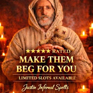 Könnte beinhalten: Ein Mann in einer Kapuzenrobe hält eine Voodoo-Puppe, umgeben von brennenden Kerzen. Der Text lautet "MAKE THEM BEG FOR YOU" und "Justin Infernal Spells."