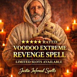 May include: An image featuring a person holding a voodoo doll, with text that reads "Rated Voodoo Extreme Revenge Spell" and "Limited Slots Available." The image also includes the text "Justin Infernal Spells."