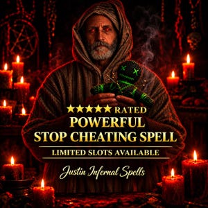 May include: A person in a hooded robe holding a small black voodoo doll with green stitching and pins. The text reads: 5-STAR RATED POWERFUL STOP CHEATING SPELL LIMITED SLOTS AVAILABLE Justin Infernal Spells. The scene is lit by multiple red candles.