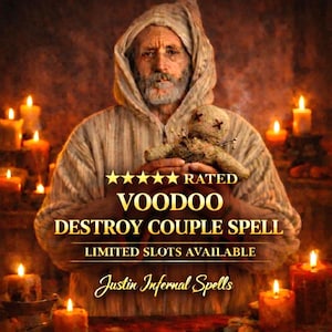 Könnte beinhalten: Ein Bild einer Person, die eine Voodoo-Puppe hält, umgeben von brennenden Kerzen. Der Text auf dem Bild lautet "Rated Voodoo Destroy Couple Spell" und "Limited Slots Available" mit dem Namen "Justin Infernal Spells".