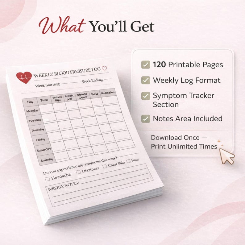 Blood Pressure Log Book Printable, BP Tracker PDF, Weekly Health ...